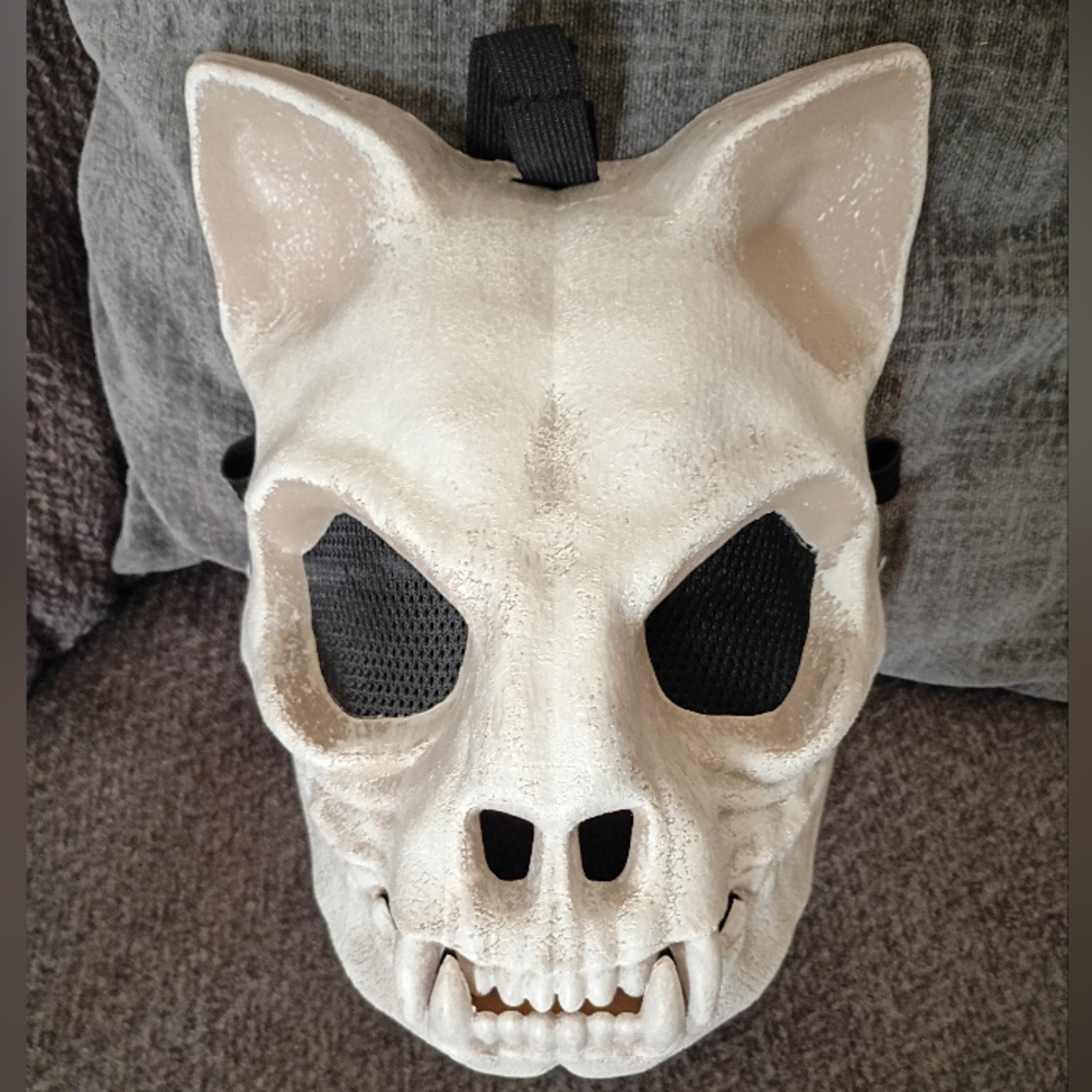 White Cat Skull Mask with Black Mesh Eyes